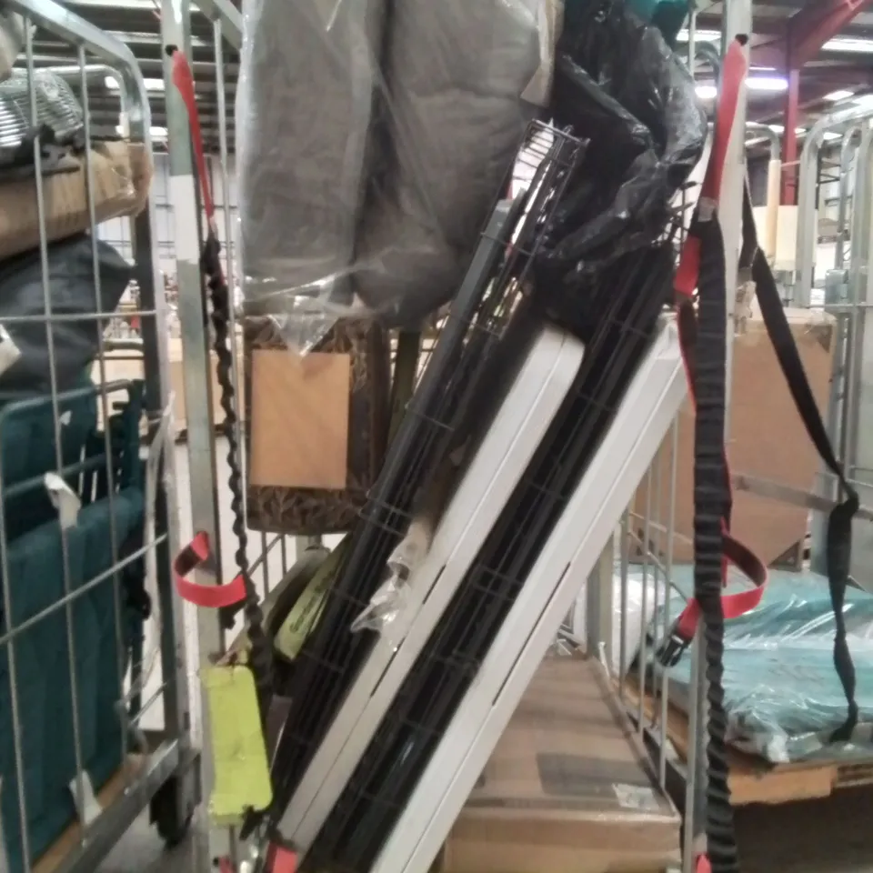 CAGE OF ASSORTED HOUSEHOLD GOODS AND PRODUCTS TO INCLUDE;PET CAGES,FOLDING TABLE,CUSHIONS