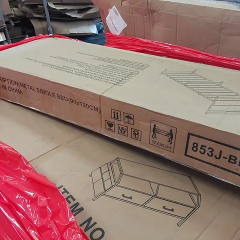 PALLET OF ASSORTED ITEMS INCLUDING: METAL SINGLE BED, TV BENCH WITH STORAGE