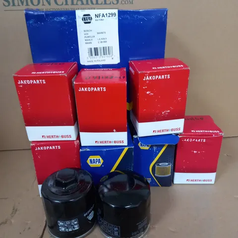 BOX OF APPROX. 10 AIR OIL FILTERS FROM NAPA AND JAKOPARTS 