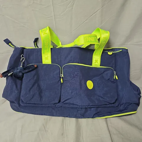 KIPLING NAVY NYLON BAG WITH NEON LIME HANDLES AND MONKEY KEYCHAIN