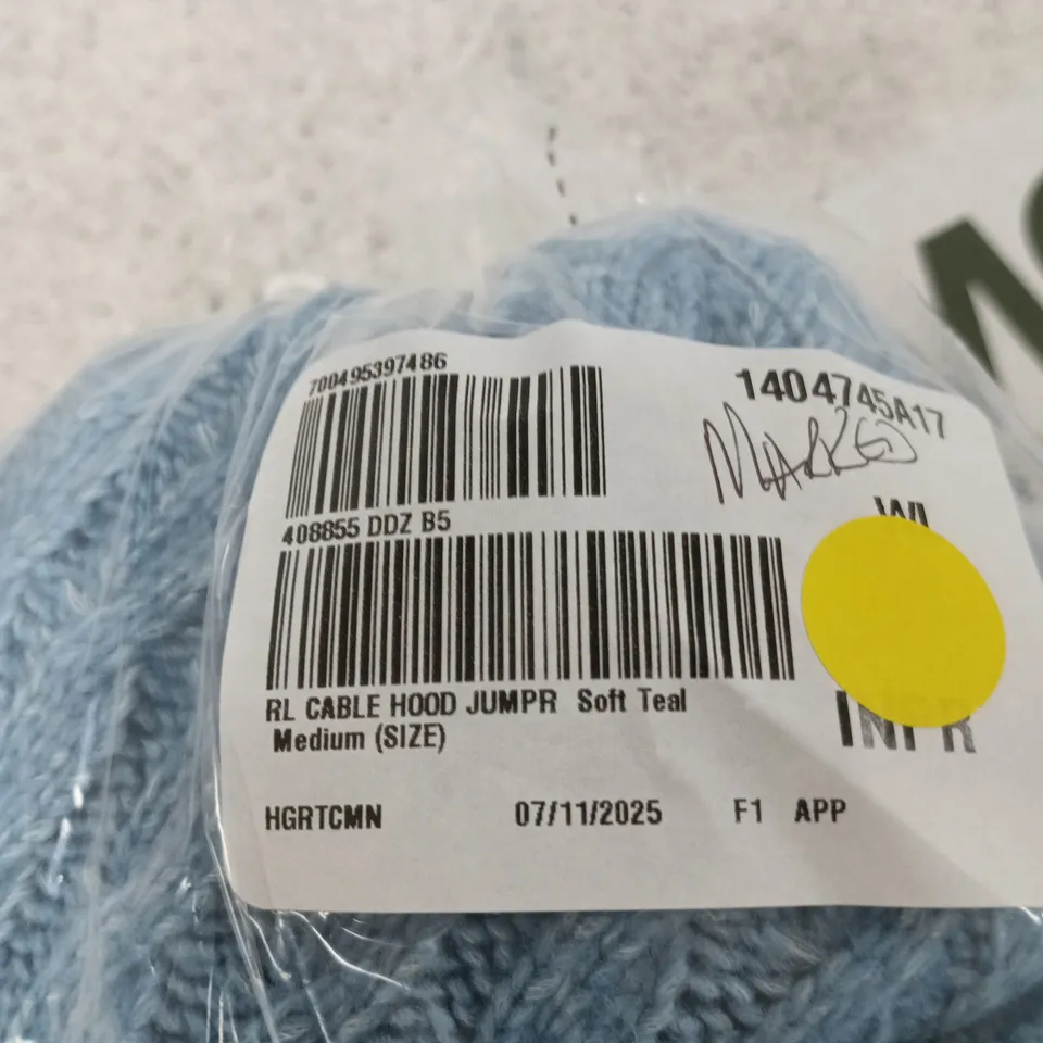 CABLE KNIT HOOD JUMPER – SOFT TEAL, MEDIUM (SIZE M)