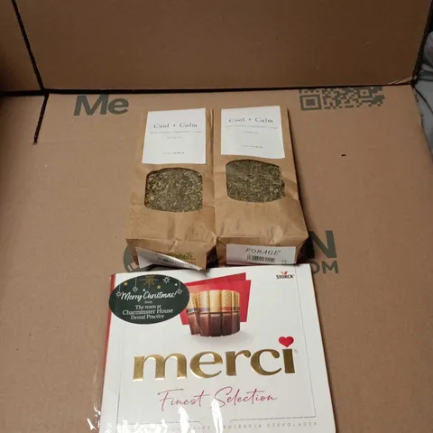APPROXIMATELY 8 ASSORTED FOOD AND DRINK ITEMS TO INCLUDE COOL + CALM HERBAL TEA, MERCI FINEST SELECTION CHOCOLATES ETC