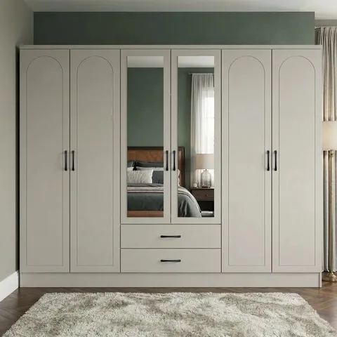 BOXED MILLBURY 6 DOOR 2 DRAWER WARDROBE WITH MIRROR - LIGHT GREY (3 BOXES)