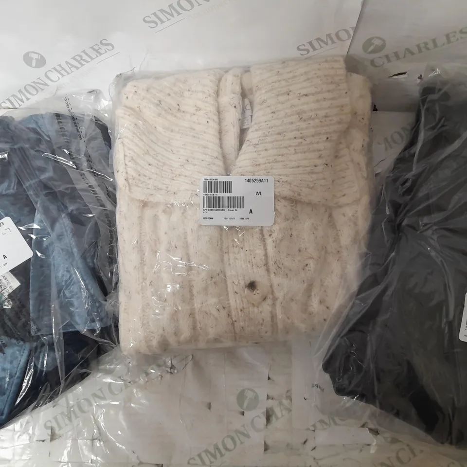 a box of 10 various clothing items to include a velvet navy jacket and a cotton white button up cardigan 