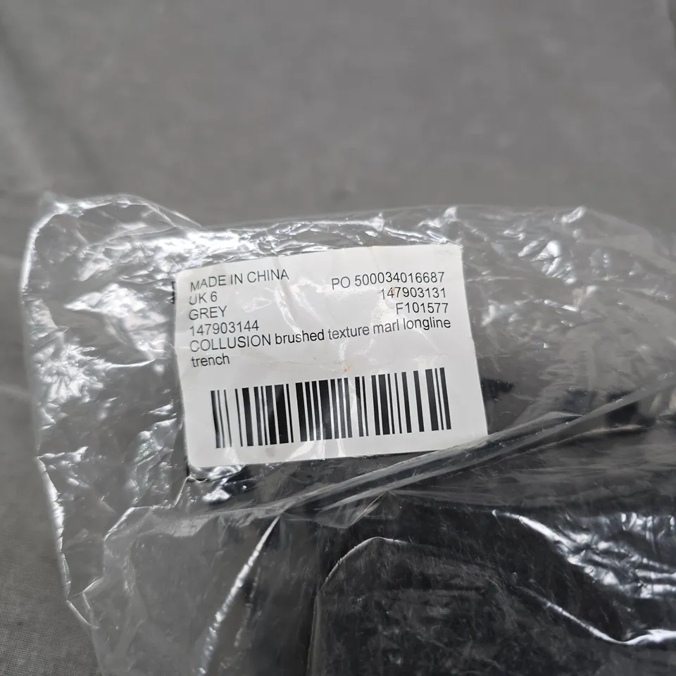 COLLUSION BRUSHED TEXTURE MARL LONGLINE TRENCH COAT, UK 6, GREY. BAGGED