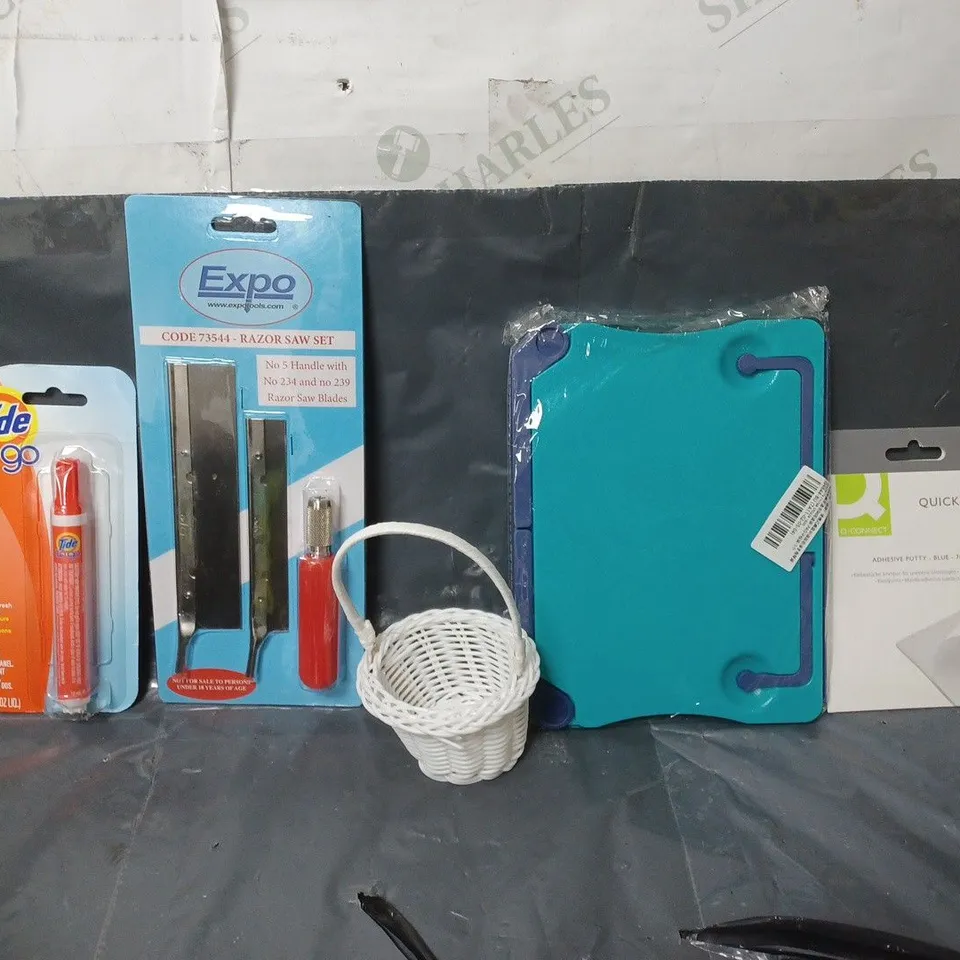 BOX OF APPROXIMATELY 12 ASSORTED ITEMS TO INCLUDE -  QUICK TAC , EXPO RAZOR SAW SET , TIDE TO GO INSTANT STAIN REMOVER ETC