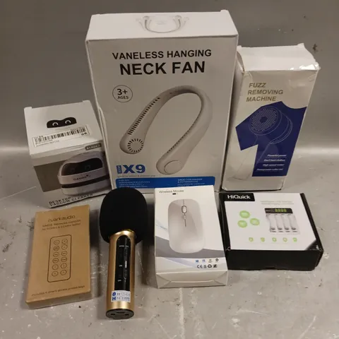 APPROXIMATELY 15 ASSORTED ELECTRICAL PRODUCTS TO INCLUDE WIRELESS MOUSE, BATTERY CHARGER, NECK FANS ETC