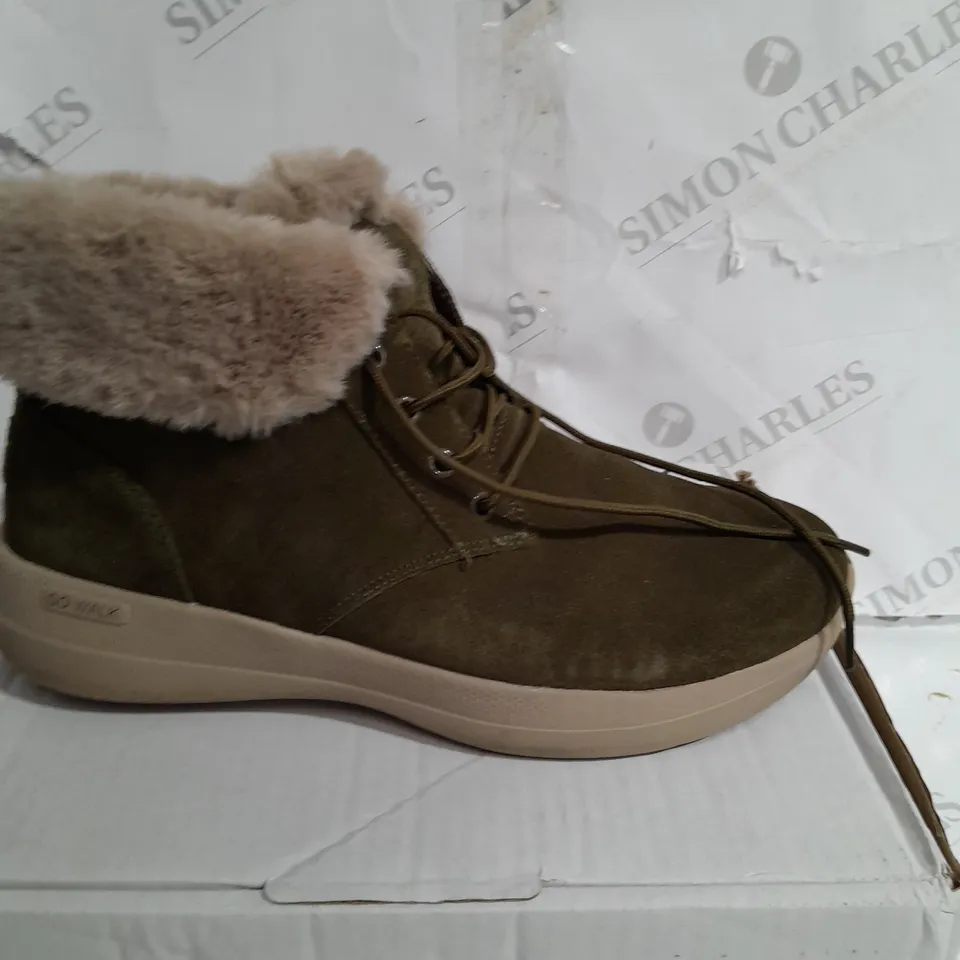 BOXED SKECHERS GO WALK STABILITY SUEDE BOOTS, OLIVE - SIZE 7