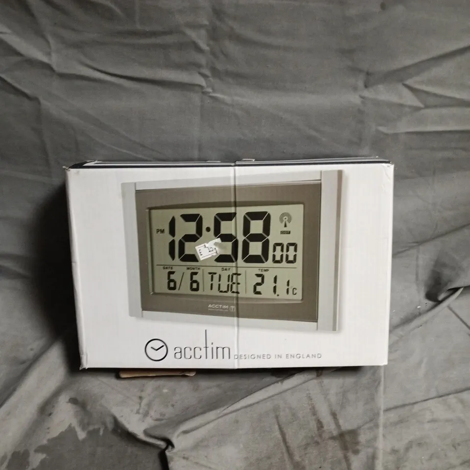 ACCTIM RADIO CONTROLLED DIGITAL CLOCK WITH CALENDAR & TEMPERATURE – BOXED