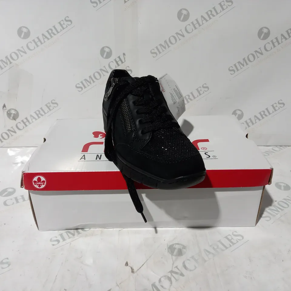 BOXED PAIR OF RIEKER WEDGE TRAINERS IN BLACK UK SIZE 4