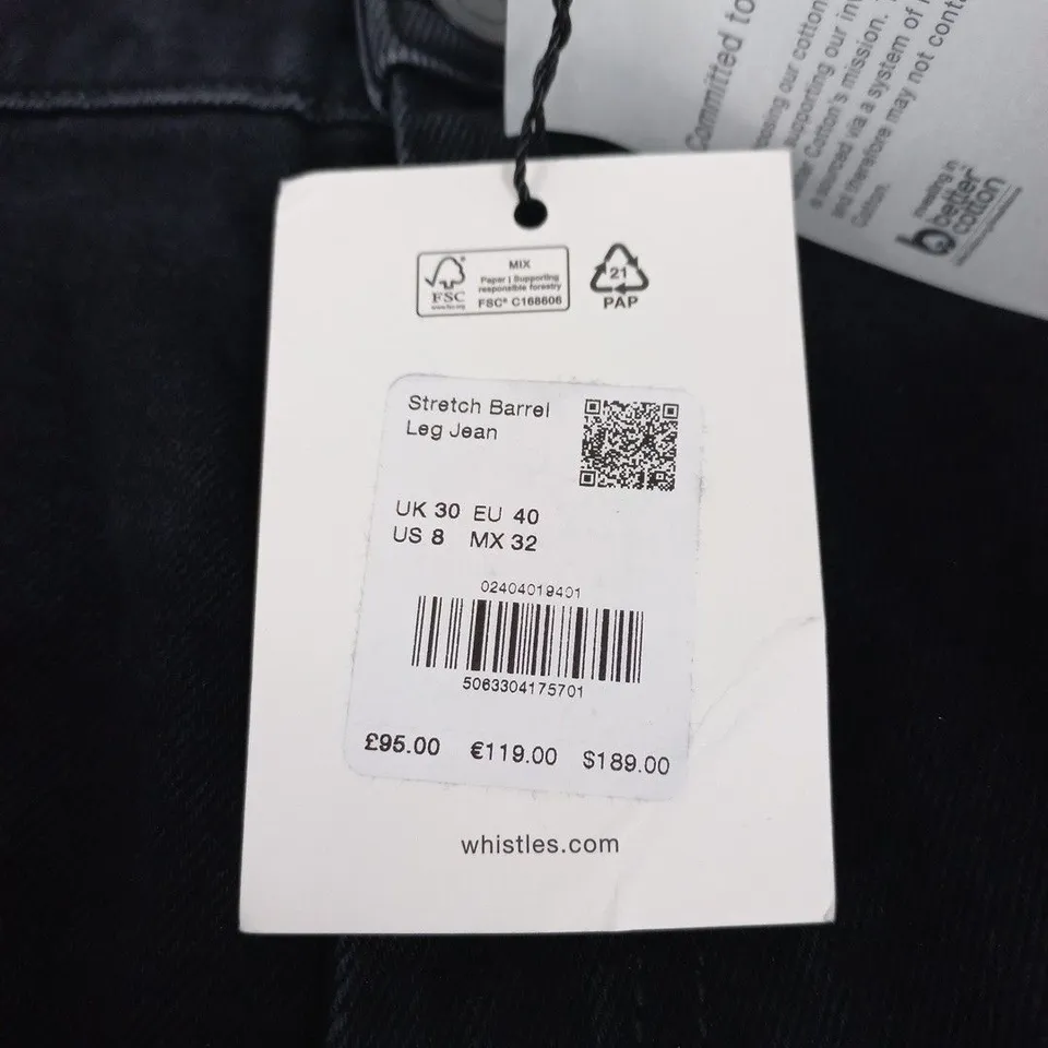 WHISTLES STRETCH BARREL LEG JEANS IN BLACK - UK 30