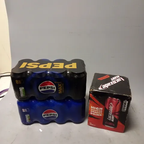 8X PEPSI MAX CANS, 8X PEPSI CANS, AND 4X LUCOZADE ALERT