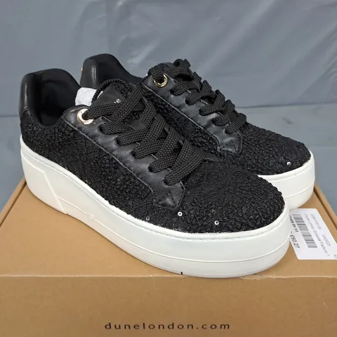BOXED PAIR OF DUNE LONDON EPISODE PLATFORM TRAINERS IN BLACK - SIZE 5