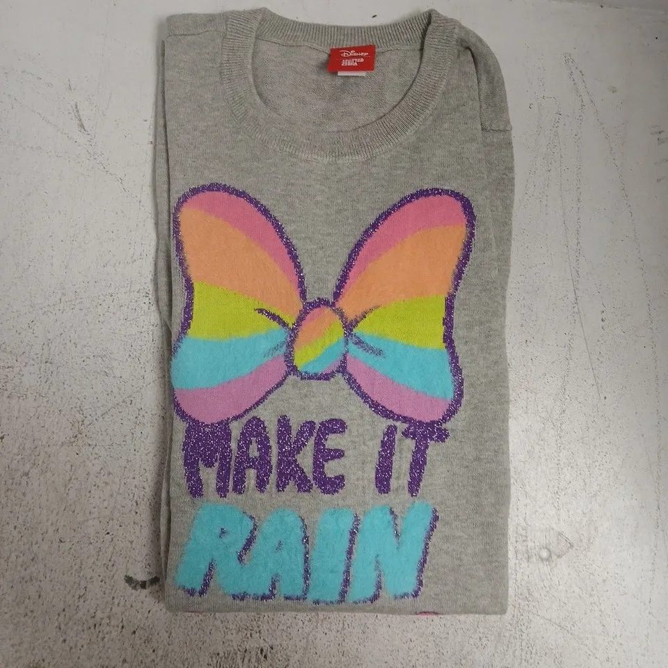 DISNEY SPOTTED ZEBRA MINNIE "MAKE IT RAIN BOWS" LONG SLEEVE JUMPER IN GREY SIZE XXL