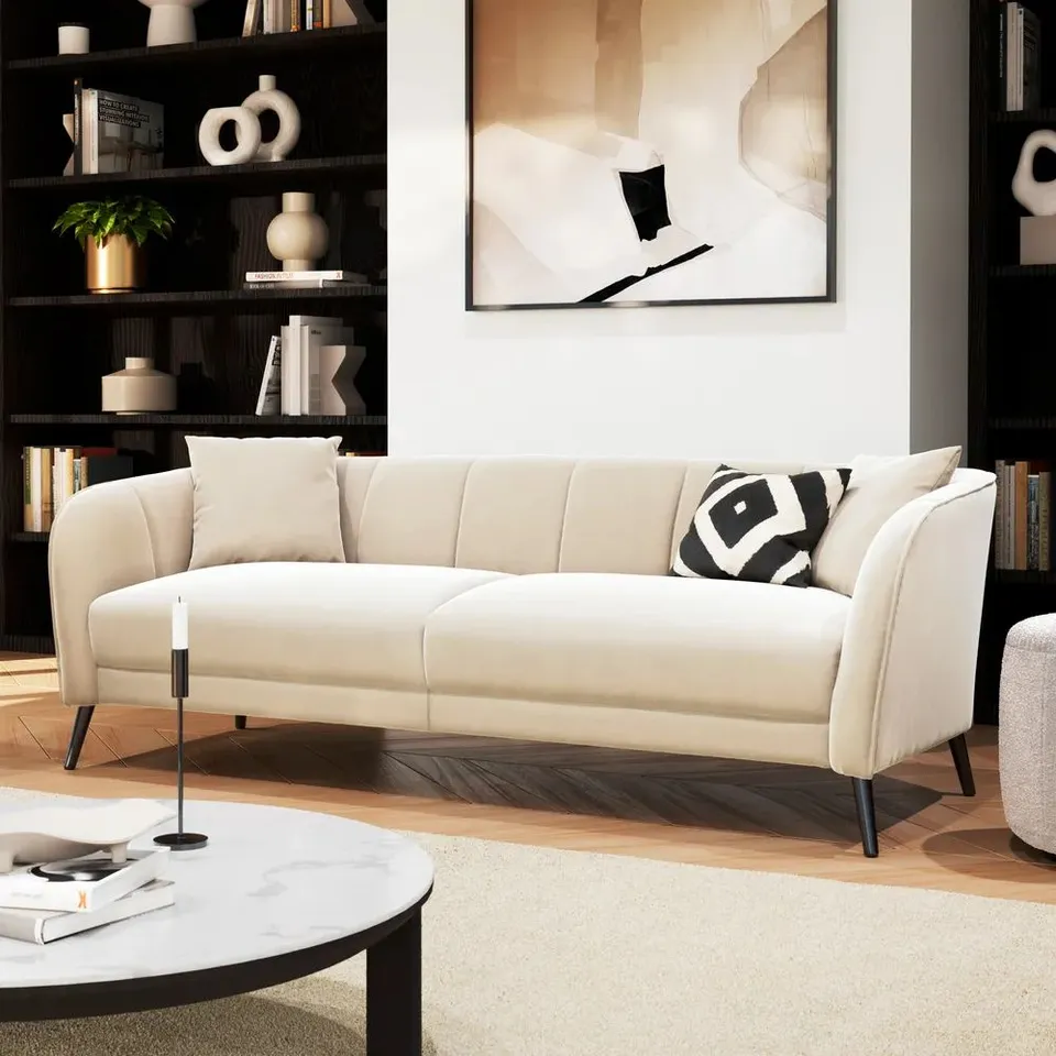 BOXED LOREN IVORY PLUSH FABRIC 3 SEATER SOFA (1 BOX)
