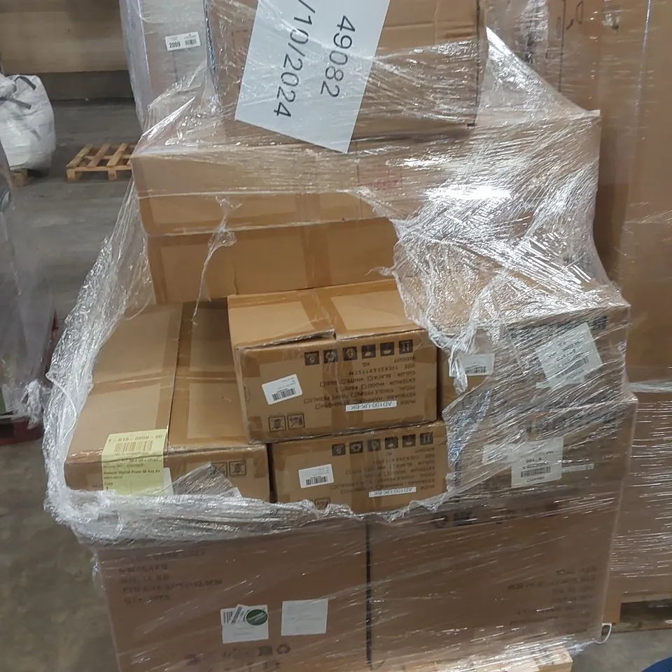 PALLET OF ASSORTED HOUSEHOLD ITEMS AND CONSUMER PRODUCTS TO INCLUDE; BAR STOOLS, 5 X ASMUSE DIGITAL PIANO 88 KEY KEYBOARDS ETC