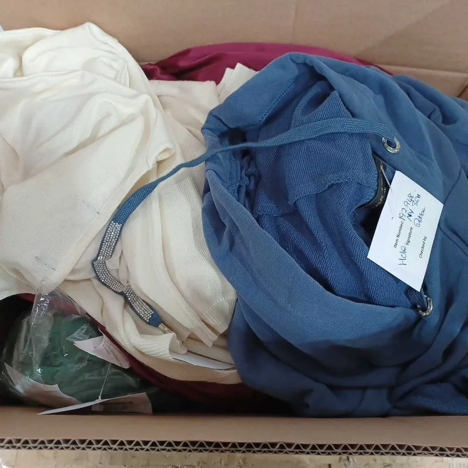 BOX OF APPROX 20 ASSORTED CLOTHING ITEMS TO INCULDE - DANNII MINOGUE PURPLE JACKET - FRANK USHER CREAM JUMPER - FU CRYSTAL HOODIE IN BLUE ECT