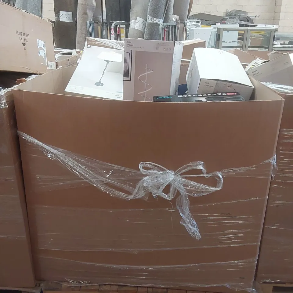 PALLET CONTAINING A VERY LARGE QUANTITY OF ASSORTED DESIGNER LIGHTING PRODUCTS INCLUDING: LOGAN SEMI FLUSH CEILING LIGHT, MONDEZ BATHROOM CEILING PENDANT, APOLLO INTEGRATED LED FLOOR LAMP ECT