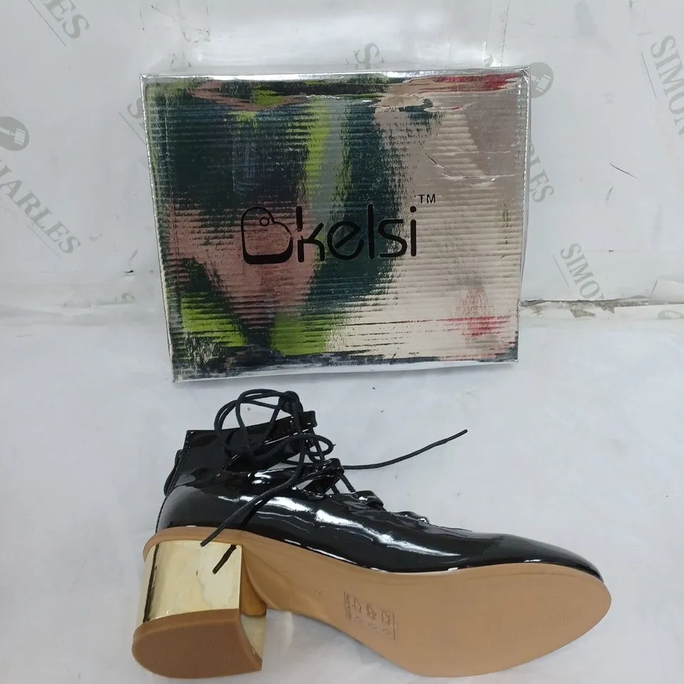 APPROXIMATELY 10 PAIRS OF BOXED KELSI BLACK BLOCK HEEL LACED BOOT IN VARIOUS SIZES