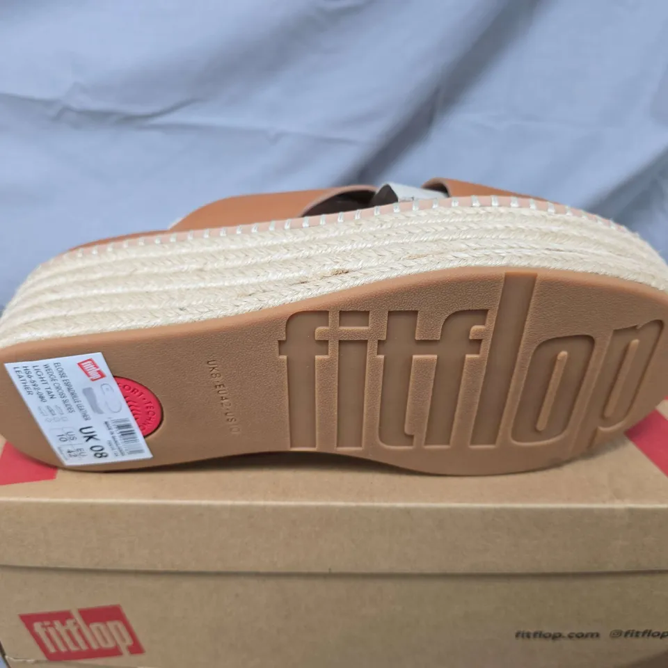 BOXED PAIR OF FITFLOP ELOISE ESPADRILLE LEATHER WEDGE CROSS SLIDES IN LIGHT TAN - UK 8