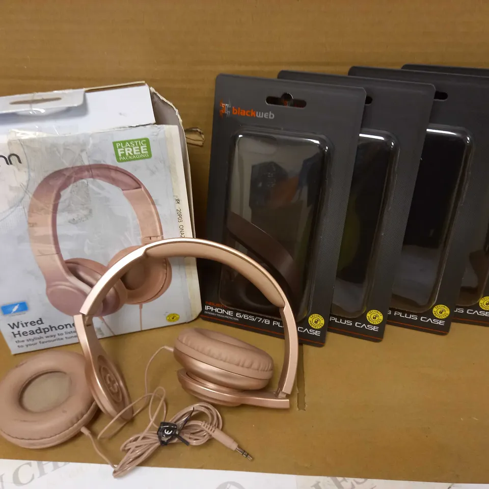 LOT OF 5 ASSORTED HOUSEHOLD ITEMS TO INCLUDE 4 X BLACKWEB IPHONE CASES FOR IPHONE 6/6S/7/8 PLUS CASE & 1 X ONN WIRED HEADPHONES 