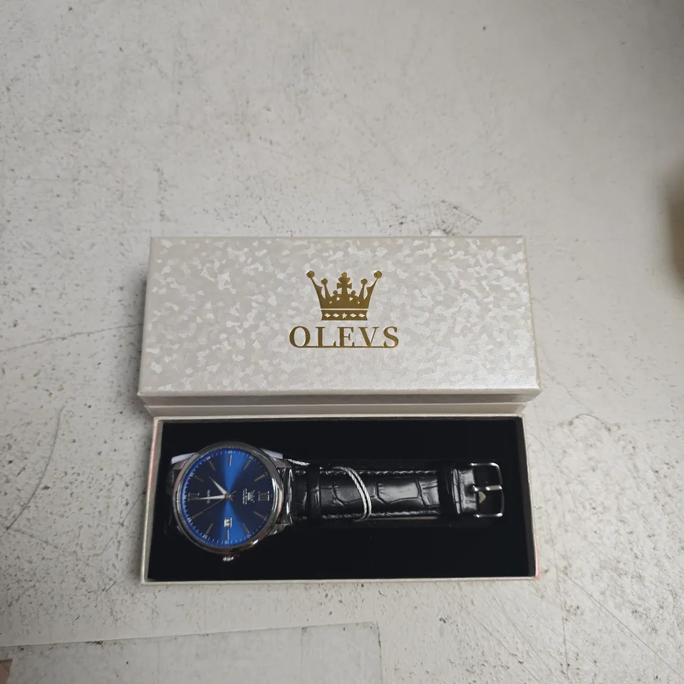 OLEVS QUARTZ WRISTWATCH – BLUE DIAL, STAINLESS STEEL CASE, TWO-TONE LEATHER STRAP