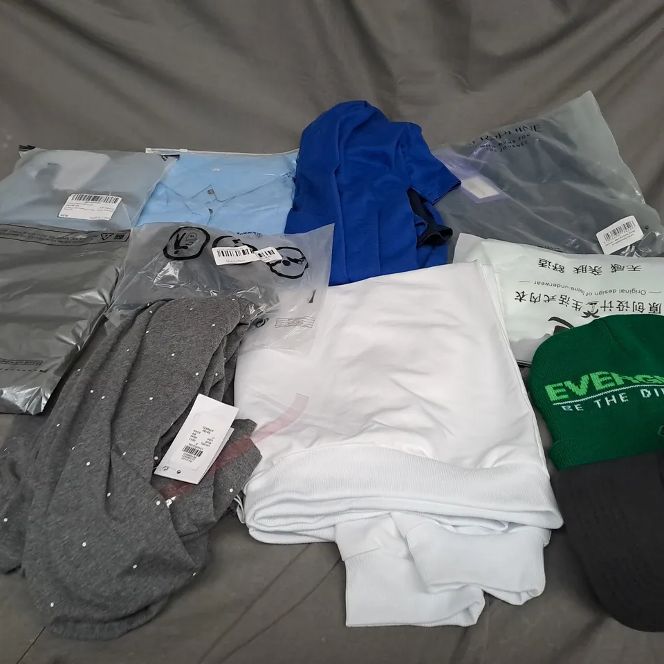 BOX OF ASSORTED CLOTHING ITEMS IN VARIOUS COLOURS, SIZES AND STYLES