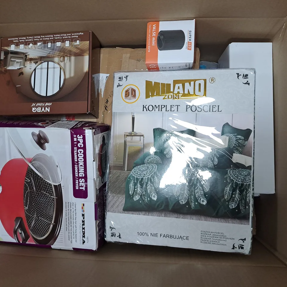 APPROXIMATELY 20 ASSORTED HOUSEHOLD ITEMS TO INCLUDE BEDDING, 3PC COOKING SET, FRAME, ETC - COLLECTION ONLY