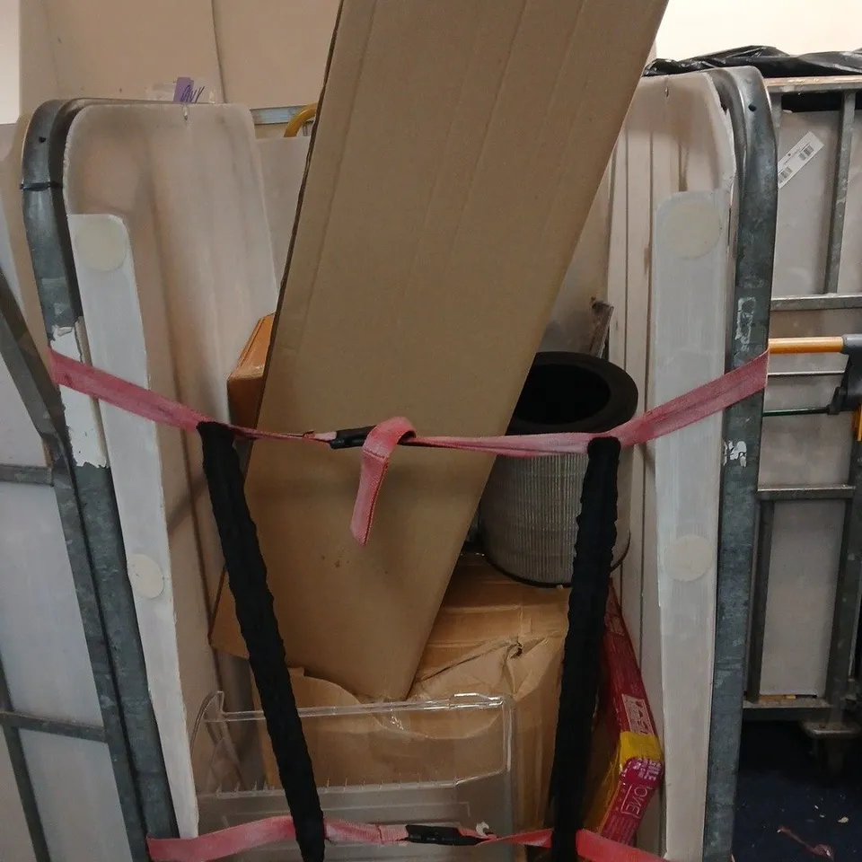 CAGE OF APPROXIMATELY 12 ASSORTED ITEMS INCLUDING FLOOR TILES , AIR PURIFIER FILTER , EXERCISE WEIGHT AND STORAGE BOX