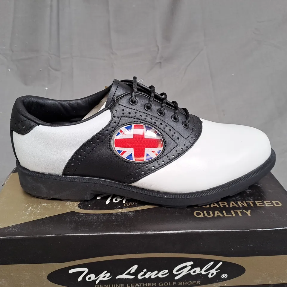 BOX OF APPROXIMATLY 12 BLACK AND WHITE TOP LINE GOLF SHOES IN VARIOUS SIZE