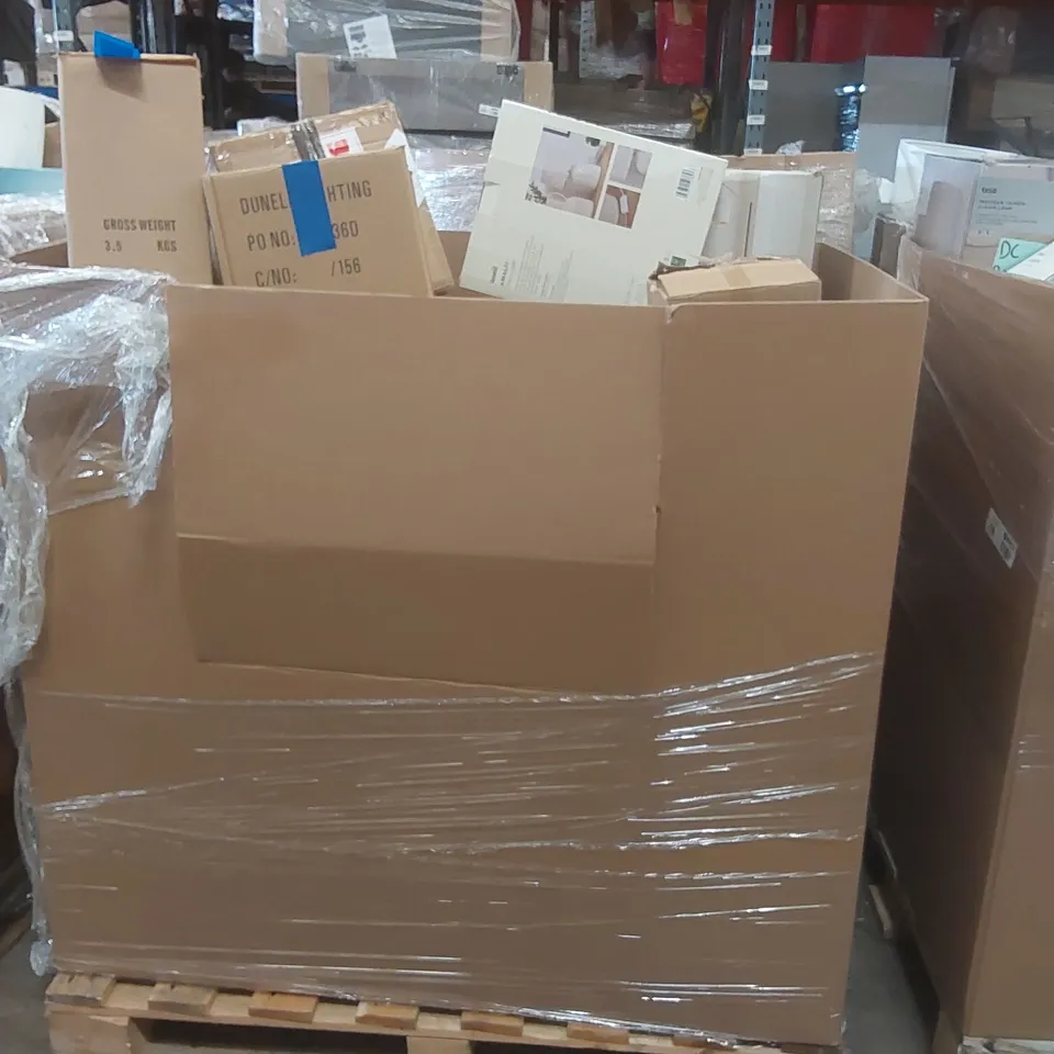 PALLET TO CONTAIN A VERY LARGE QUANTITY OF DESIGNER INDOOR LIGHTING PRODUCTS TO INCLUDE: CEILING LIGHTS, TABLE LAMP, FLOOR LAMP ECT