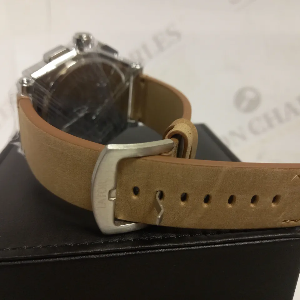 LATOR CALIBRE BLACK & RED TRIPLE DIAL SUEDE LEATHER STRAP WATCH RRP £635