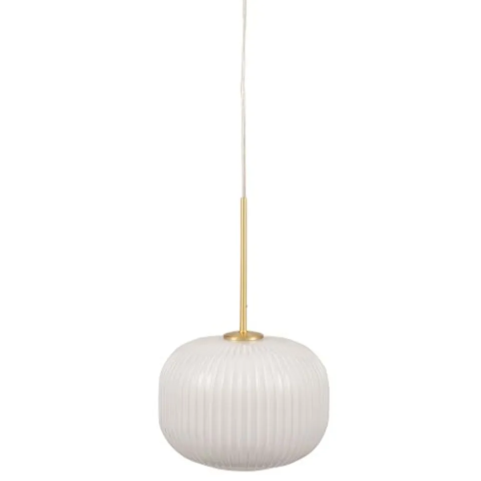BOXED BELLA WHITE GLASS AND GOLD METAL RIBBED SQUOVAL PENDANT