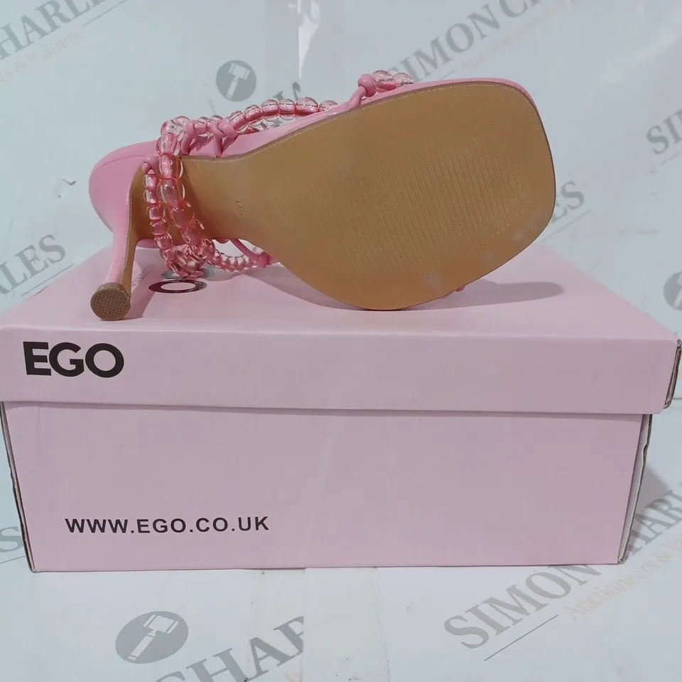 BOXED PAIR OF EGO OPEN TOE HIGH HEEL SANDALS IN PINK W. BEADED EFFECT UK SIZE 4