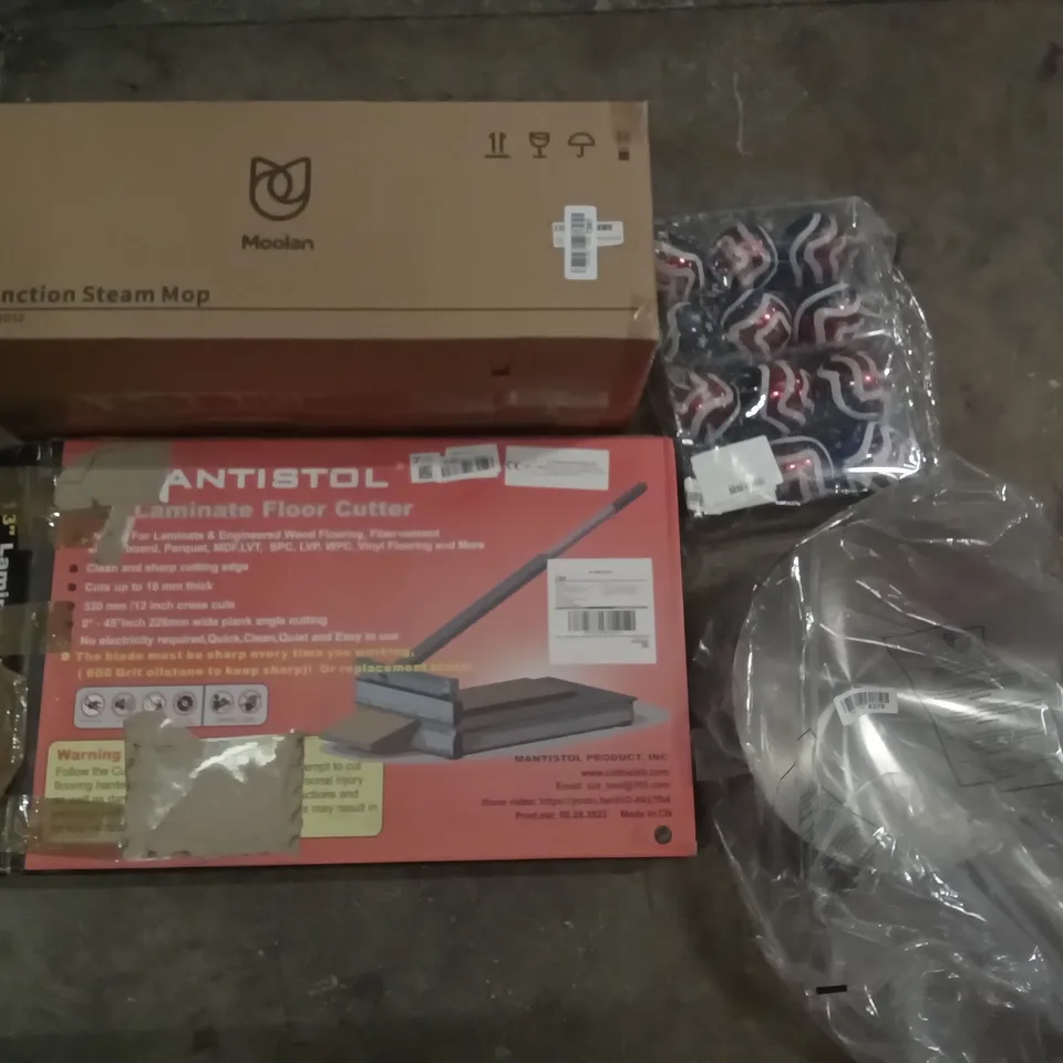 PALLET OF ASSORTED ITEMS INCLUDING MOOLAN MULTIFUNCTIONAL STEAM MOP, LAMINATE FLOOR CUTTER, CHRISTMAS BAUBLE SET, WOK