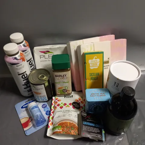APPROXIMATELY 10 ASSORTED FOOD/DRINK ITEMS TO INCLUDE - HANNA SILITOE SKIN PURITY TEA - TWININGS SUPERBLENDS COLLECTION - HUEL MEAL DRINK BERRY - ETC