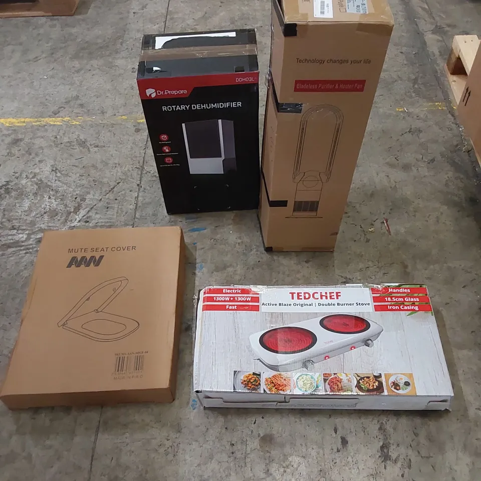 PALLET OF ASSORTED HOUSEHOLD ITEMS AND CONSUMER PRODUCTS. INCLUDES; ROTARY DEHUMIDIFIER, DOUBLE BURNER STOVE, BLADELESS HEATER FAN, BOXED FURNITURE ETC 