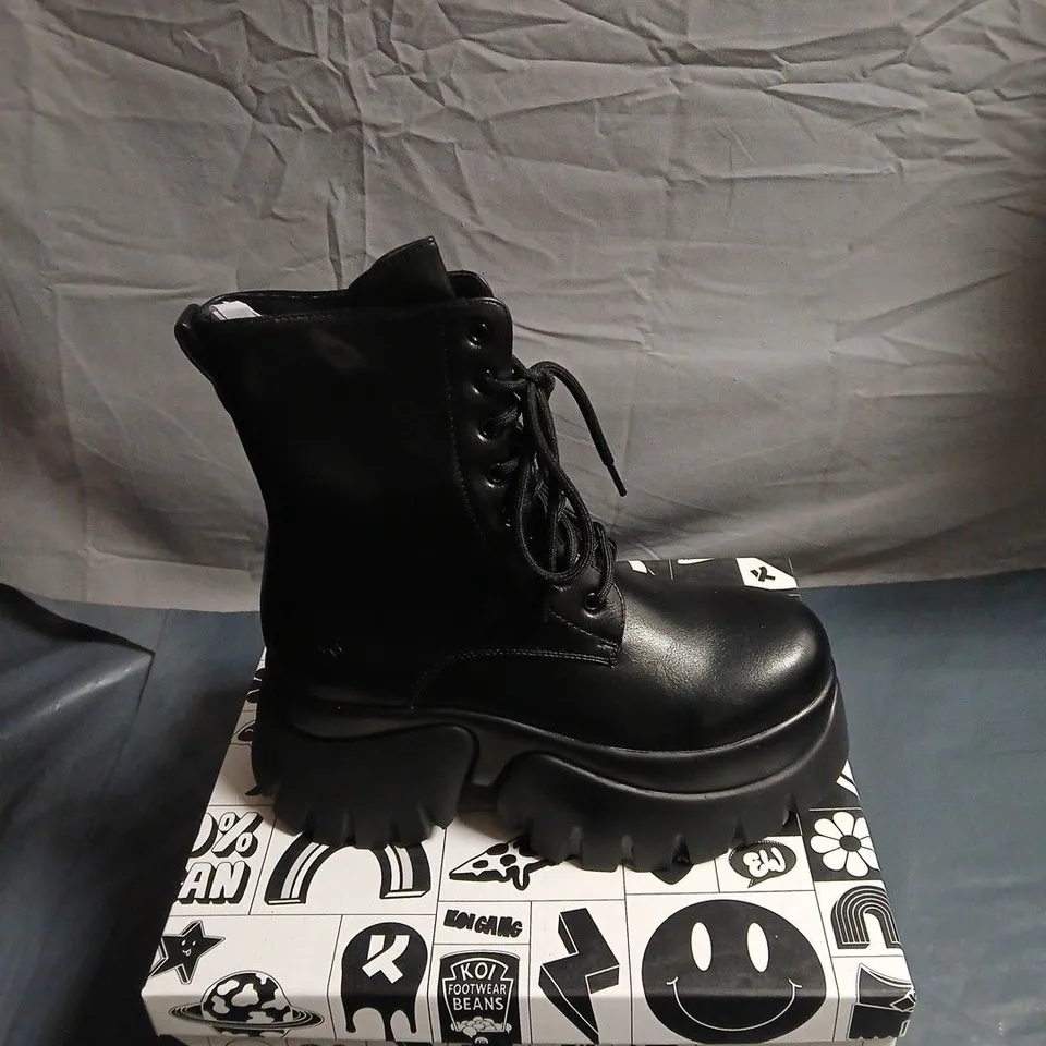 KOI RANCOR BLACK LEATHER LACE-UP ANKLE BOOTS WITH CHUNKY PLATFORM SOLE, UK 5 