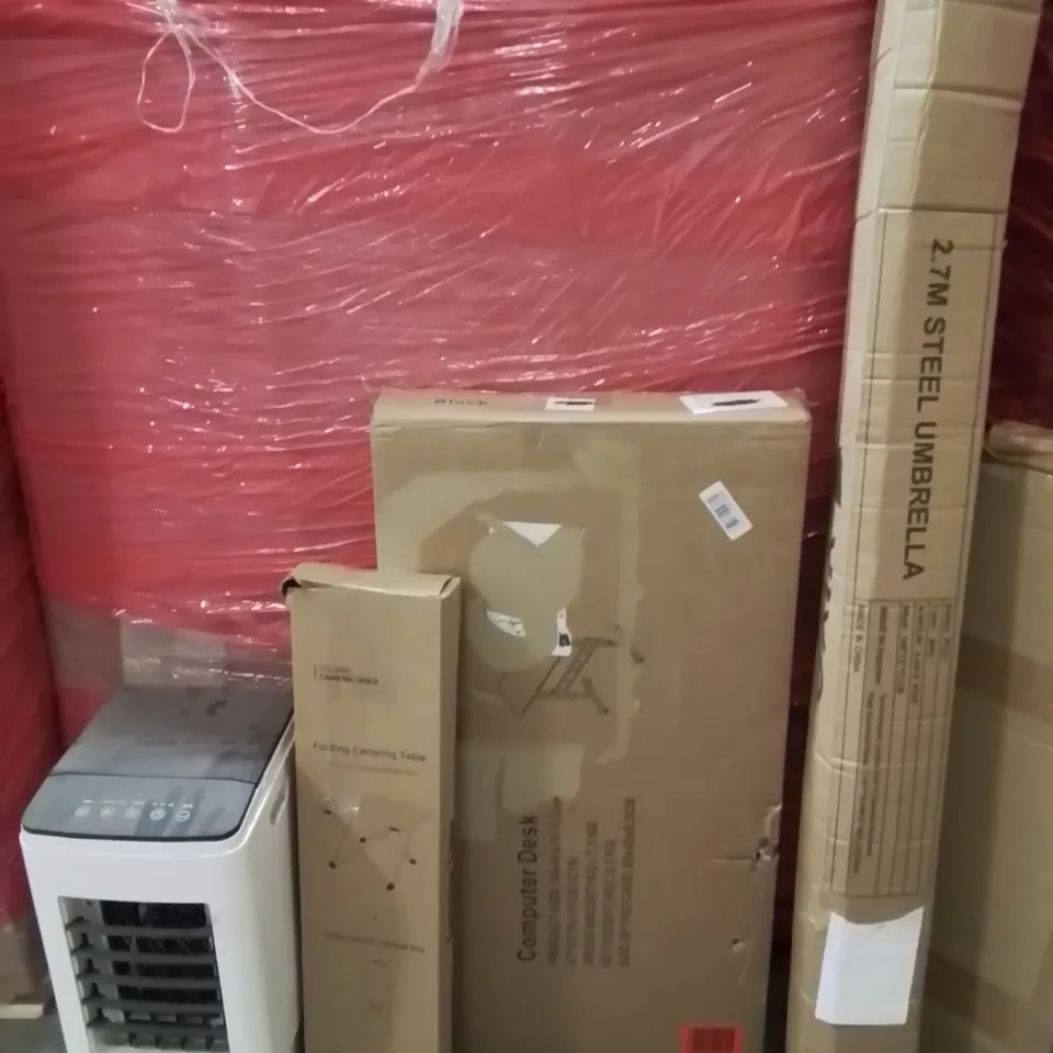 PALLET OF ASSORTED HOUSEHOLD GOODS AND PRODUCTS TO INCLUDE;AIR CONDITIONING UNIT,COMPUTER DESK,2.7M STEEL UMBRELLA 