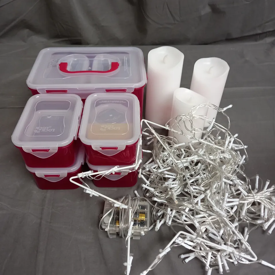 BOX OF APPROX 5 ASSORTED HOUSEHOLD ITEMS TO INCLUDE LOCK & LOCK FOOD STORAGE CONTAINER SET, BATTERY POWERED CANDLE LIGHTS IN WHITE, STAIR FAIRY LIGHTS, ETC. 