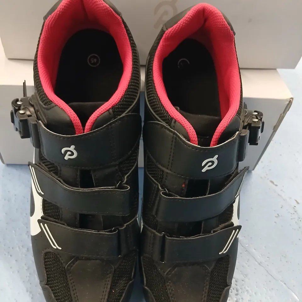 PELOTON CYCLING SHOES – BLACK WITH RED INTERIOR, VELCRO STRAPS USED SIZE 45