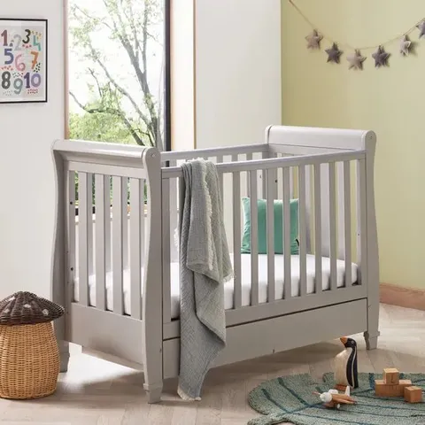 BOXED BABYMORE EVA SLEIGH COT BED DROPSIDE WITH DRAWER - GREY (1 BOX)
