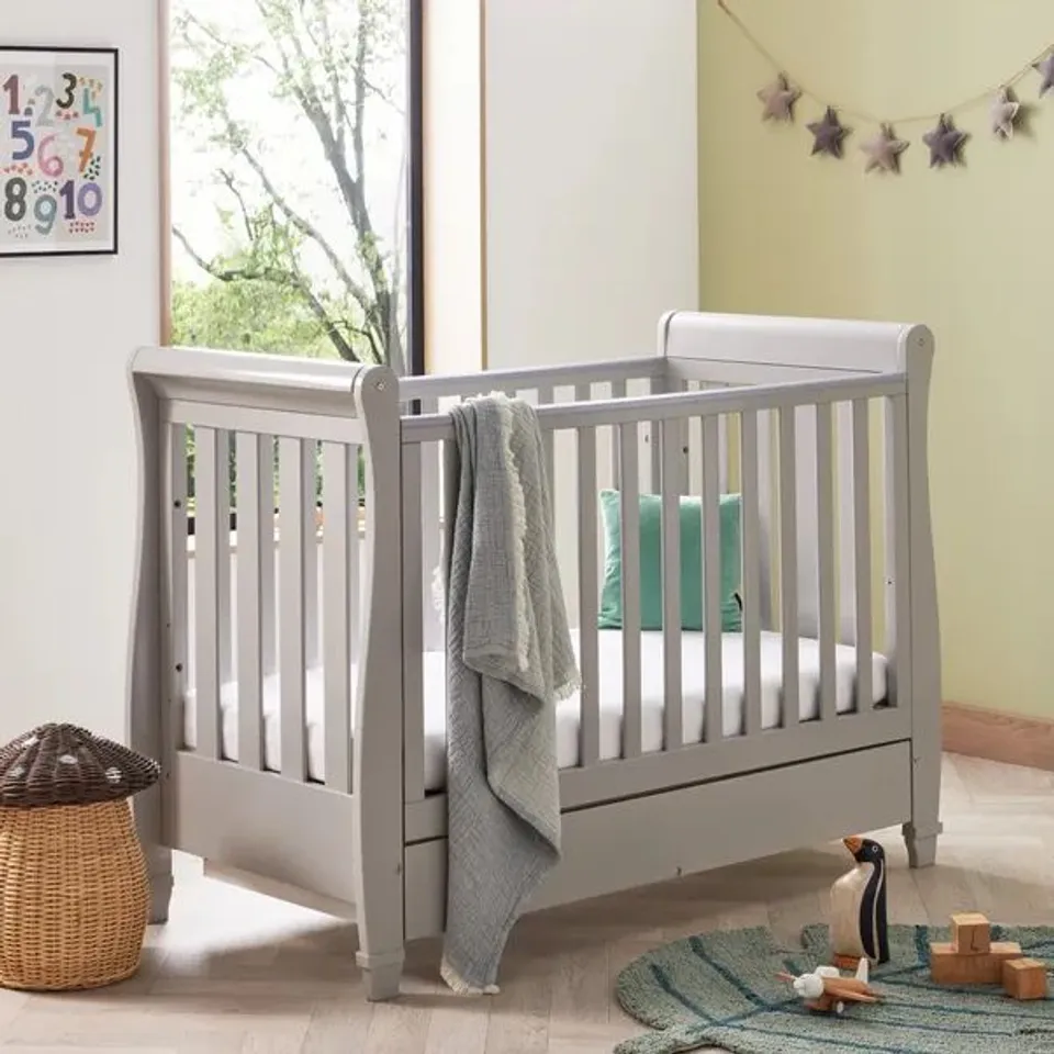 BOXED BABYMORE EVA SLEIGH COT BED DROPSIDE WITH DRAWER - GREY (1 BOX)