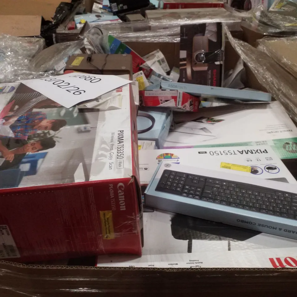PALLET CONTAINING ASSORTED ELECTRICAL RETURNS INCLUDING HP PRINTER, CANON PIXMA PRINTER, BLUETOOTH BOOMBOX, UNIVERSAL TV WALL MOUNT & KEYBOARD