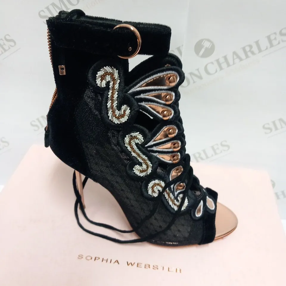BOXED PAIR OF SOPHIA WEBSTER SELINA BLACK AD ROSE GOLD SANDAL BOOTIE SIZE 38