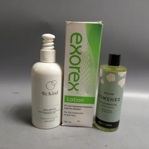 3 ASSORTED HEALTH AND BEAUTY PRODUCTS TO INCLUDE EXOREX LOTION FOR THE TREATMENT OF PSORIASIS 250ML, WE KIND REJUVENATE SHAMPOO 250ML, MOTHER COWSHED STRETCH MARK OIL 100ML