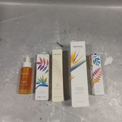 TROPIC SKINCARE LOT OF 5 ASSORTED COSMETIC ITEMS TO INCLUDE - ELIXIR OMEGA OIL - SUN DAY UV DEFENCE - SUN GLAZE BRONZING DROPS - ETC