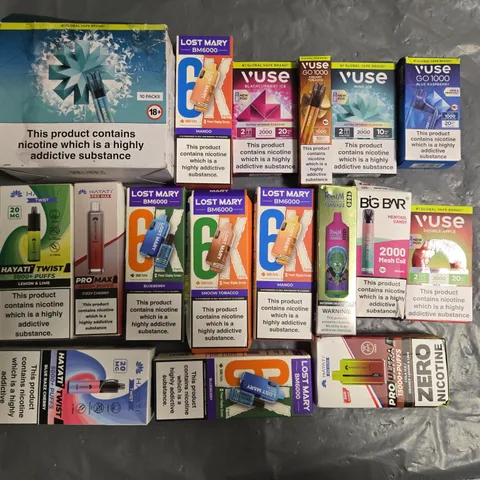 APPROXIMATELY 25 ASSORTED E-CIGARETTE PRODUCTS TO INCLUDE - LOST MARY AND VUSE