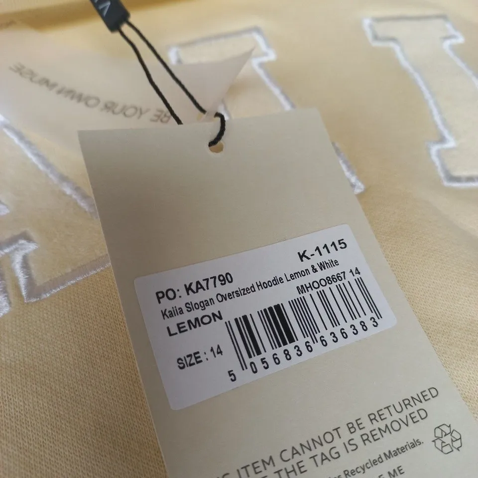 KAIIA SLOGAN OVERSIZED HOODIE – LEMON & WHITE, UK SIZE 14