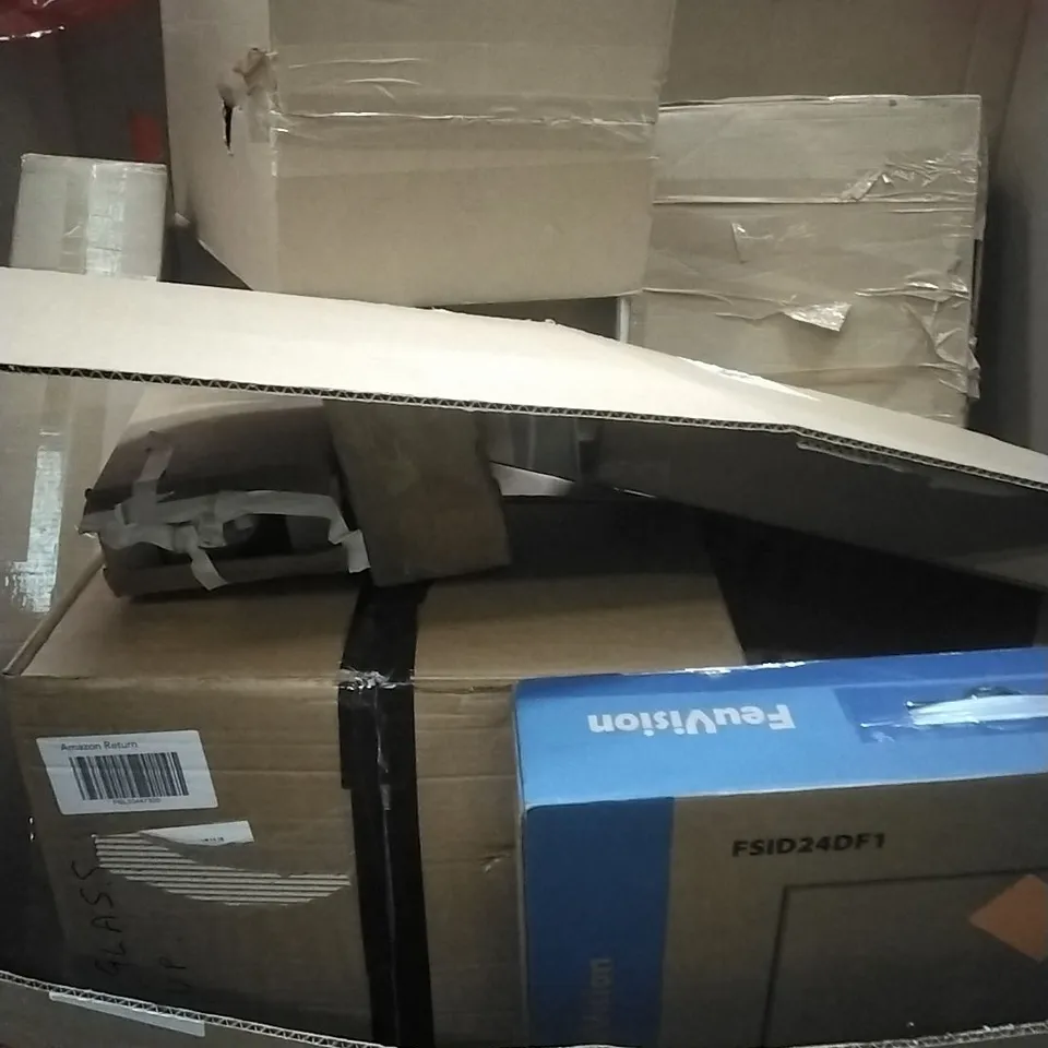 PALLET OF ASSORTED HOUSEHOLD GOODS AND PRODUCTS TO INCLUDE; HD LED MONITOR, WALL CLOCK, BOXED FURNITURE ETC